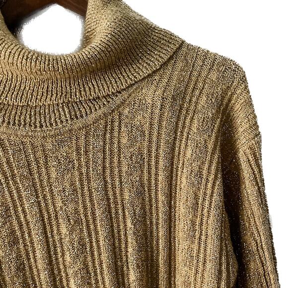 Vintage gold metallic sparkle ribbed knit turtleneck tunic sweater size medium M - Picture 2 of 7